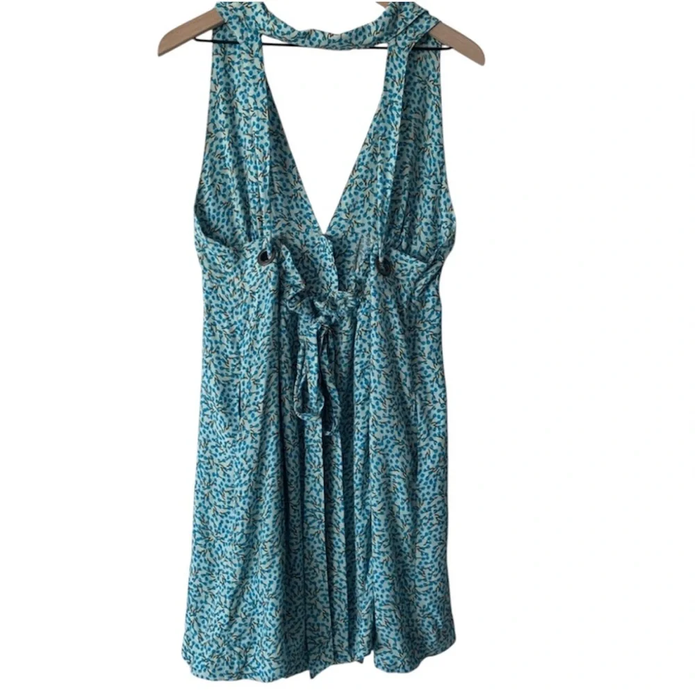 Free People C’est La Vie Collared Plunge Blue Floral‎ Backless Wrap Mini Dress 2 - Picture 9 of 11